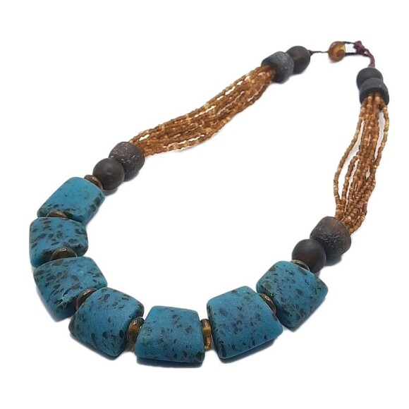 Chunky Bohemian Turquoise Amber Resin Square Beaded Statement Necklace 22" XLNT - Picture 4 of 5